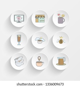 cup of coffee in monitor, stall of coffee, nice conversation for coffee and cold coffeehigh-speed coffee delivery icons on plate illustration set