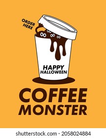 A cup of coffee and monster design for halloween party with space for text, seasonal greeting, fall holiday. Vector illustration.