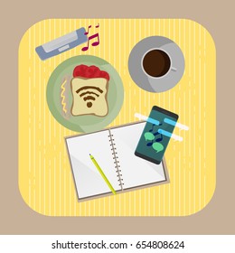 A cup of coffee, morning dish, note book, smart phone and wireless speaker. Morning ritual concept. Vector illustration.