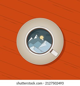 Cup of coffee with mountain landscape illustration isolated on red background
