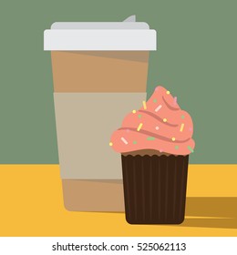 The cup of coffee with a muffin