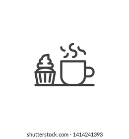 Cup of coffee and muffin cake line icon. linear style sign for mobile concept and web design. Hot tea cup and cupcake outline vector icon. Breakfast symbol, logo illustration. Vector graphics