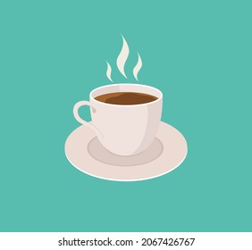 Cup with coffee. Mug of espresso or tea. Flat icon of hot drink in cafe. Mug with coffe and smoke in cartoon style. Illustration for breakfast. Banner of coffee. Logo for cafeteria. Vector.