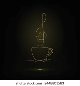 Cup of coffee with music notes. Coffee and Music concept. Line art. Continuous line drawing. Gold. One Line Art. Food and beverage concept. vector illustration. Creative design with coffee cup.
Black
