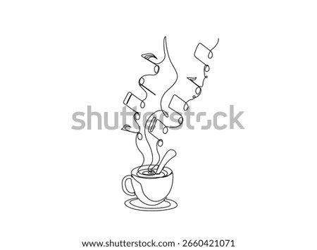 A cup of coffee with music notes in single outline illustration. Continuous line art drawing of cup cofffee with music notes steam. 