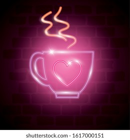 cup of coffee in neon light , valentine day vector illustration design
