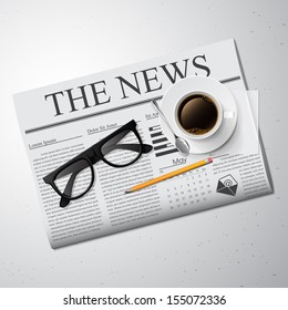 Cup of coffee, newspaper and glasses Detailed vector illustration.