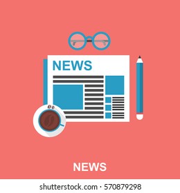 Cup of Coffee with Newspaper, Pencil and Eyeglasses on the Table. Top View Flat Design Illustration Business Concept