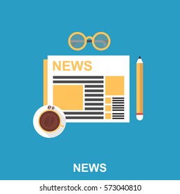 Cup of Coffee with Newspaper, Pencil and Eyeglasses on the Table. Top View Flat Design Illustration Business Concept
