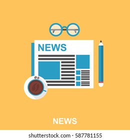 Cup of Coffee with Newspaper, Pencil and Eyeglasses on the Table. Top View Flat Design Illustration Business Concept