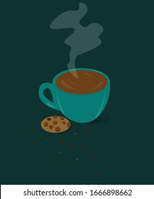 Cup of coffee. Next to it is a cookie with chocolate