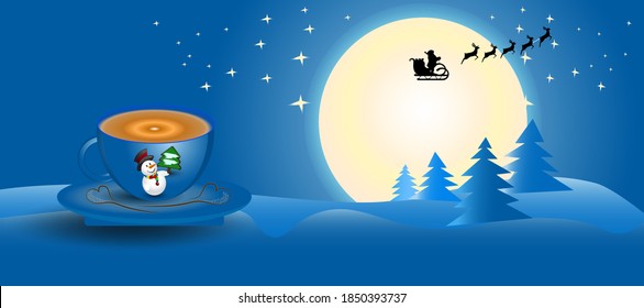 Tasse Kaffee in der Nacht und Schlitten in Santa. Frohes neues Jahr	