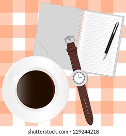 Cup of coffee, notebook, pen and watch laying on the table