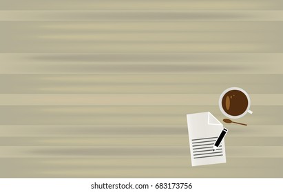 A cup of coffee with notebook and pencil on white paper sheet with wood background. Vector business background in working space area.