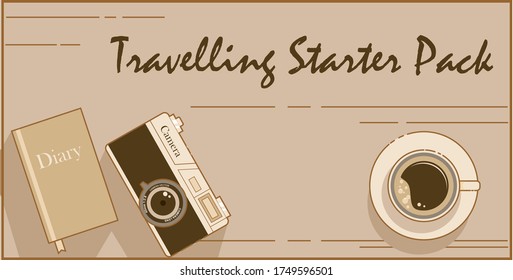 a cup of coffee and an old camera and a diary book