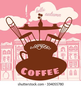 A cup of coffee on the background of architecture, pink autumn sky, coffee, vintage, vector, banner, illustration