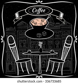 Uma xícara de café no fundo da arquitetura, desenhado em giz em um quadro-negro, café, vintage, vetor, banner, ilustração