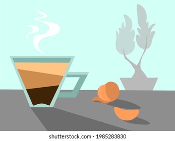 Tasse Kaffee auf dem Hintergrund einer schönen Landschaft. Kaffeewerbung 