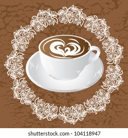 cup coffee on background of the floral ornament