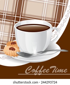 A cup of coffee on a background napkin with cookies