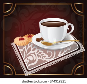 A cup of coffee on a background napkin with cookies