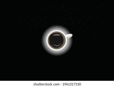 Cup of coffee on the background of the night sky. Black hole, solarium, space, planet, night sky. Solar eclipse.Vector illustration.