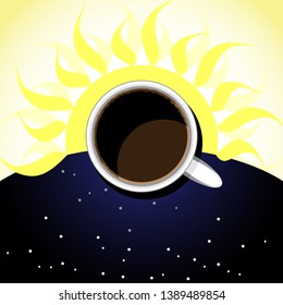The cup of coffee on the background of rising sun and starry sky.It is morning theme.Contrast image.