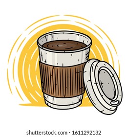 Cup of coffee on the background of the rising sun