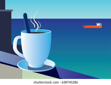 Cup of coffee on the background of the sea and sailboat