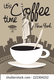 cup of coffee on a background of the Statue of Liberty in New York