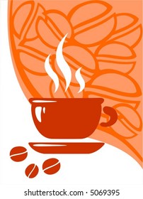 Cup of coffee on a background of the stylized coffee bean.