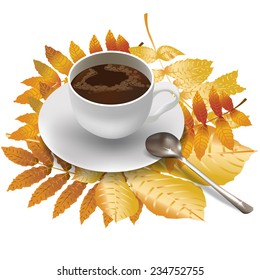 Cup of coffee on the background of yellow leaves. Vector illustration