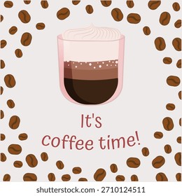 Taza, vaso de café con espuma y crema, leche, café, granos de café alrededor, tiempo para beber café, marco, caliente, bebida, granos, publicidad