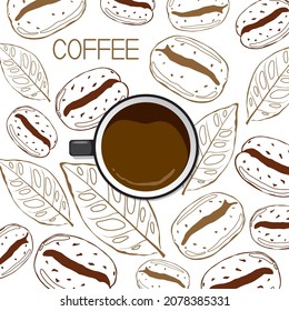Tasse Kaffee auf Kaffeebohnen und Laubhintergrund.