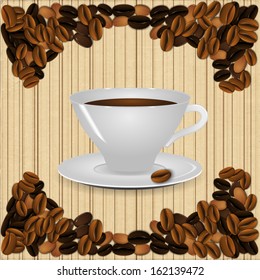 A cup of coffee on a beige background vintage striped with realistic coffee beans. Vector illustration.