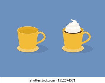 Cup of Coffee on  blue background. Empty and full. Flat vector illustration.