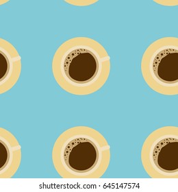 Cup of coffee on a blue background. Seamless repeat pattern.