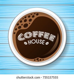 Cup of coffee on blue wooden table - top view. Vector.