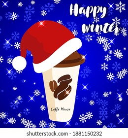 Cup of coffee on a bright blue background with a santa hat. White and blue snowflakes on a background with sparkles. Vector winter illustration