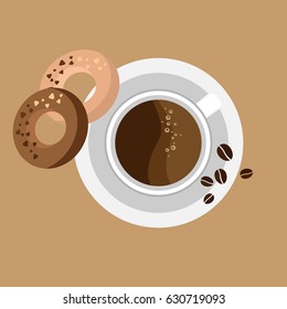 Cup of coffee on brown background. Cookies and coffee grains nearby