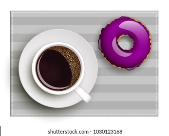 Cup of coffee on dish, donut in glaze. Breakfast image, top view. Morning drink with sweetness. Hot coffee cup on white platter, donut glaze. Light snack top banner. Vector Still life dessert