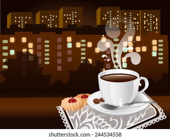 A cup of coffee on evening city background