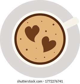 cup with coffee on a foam whose patterns in the shape of a heart are a top view concept of a popular invigorating drink