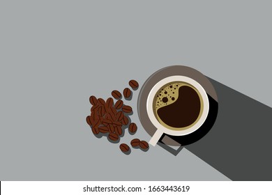 
A cup of coffee on a gray background and coffee beans