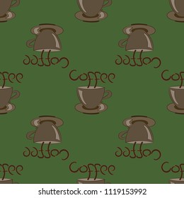 Cup of coffee on green. Hand-drawn. Seamless pattern.