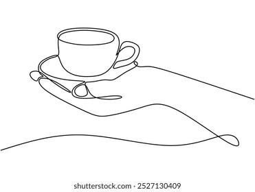 Cup of coffee on a hand in one continuous line drawing. Minimalist design for beverages and daily rituals. Simplified hand-drawn illustration for enjoyment.