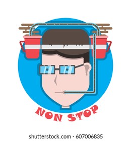 Cup with coffee on the head,Man with glasses,