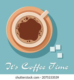 Cup with coffee on a light background. View from above