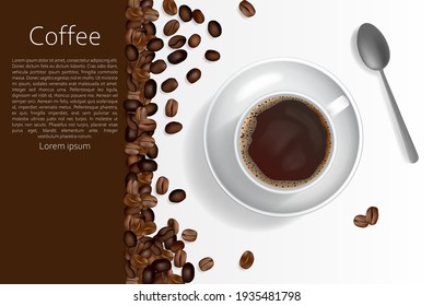 Una taza de café sobre un fondo marrón claro. Ilustración vector abstracta sobre un fondo marrón claro con granos con una taza de café y un lugar para el texto. Un blanco para la creatividad.