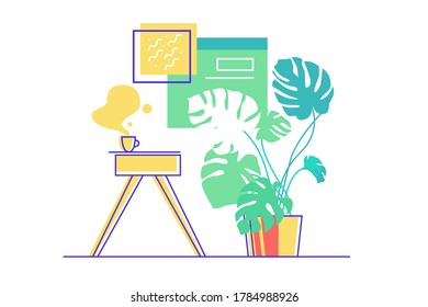 Taza de café en una mesita cerca de la planta verde. El interior de casa de concepto aislado con mobiliario. Ilustración vectorial.